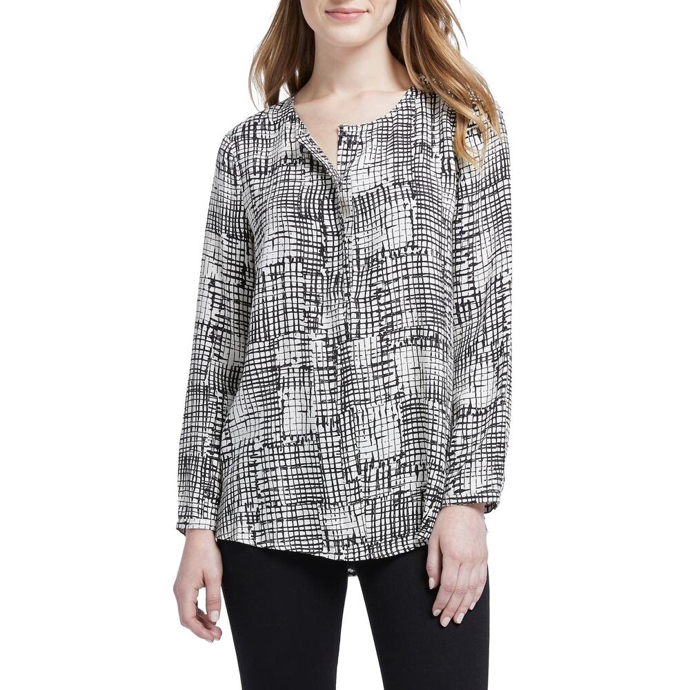 Nic + Zoe Women's Black/White Print Fine Tune Modesty Snap Long Sleeve Top SZ M